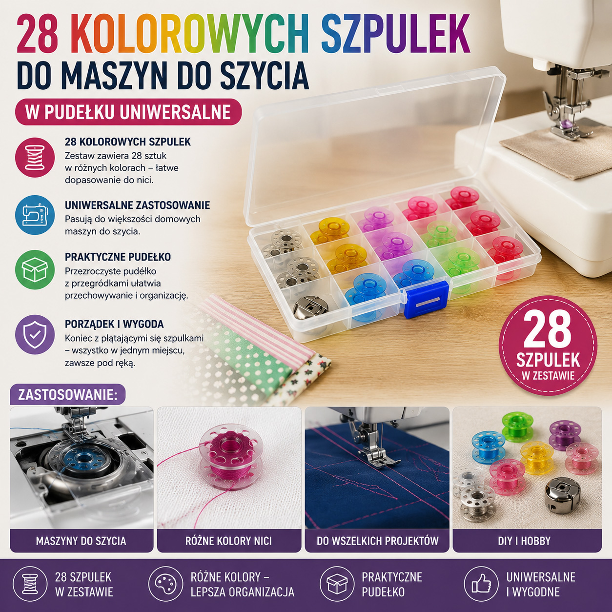 28 Kolorowych Szpulek Do Maszyn Do Szycia W Pudełku Uniwersalne
