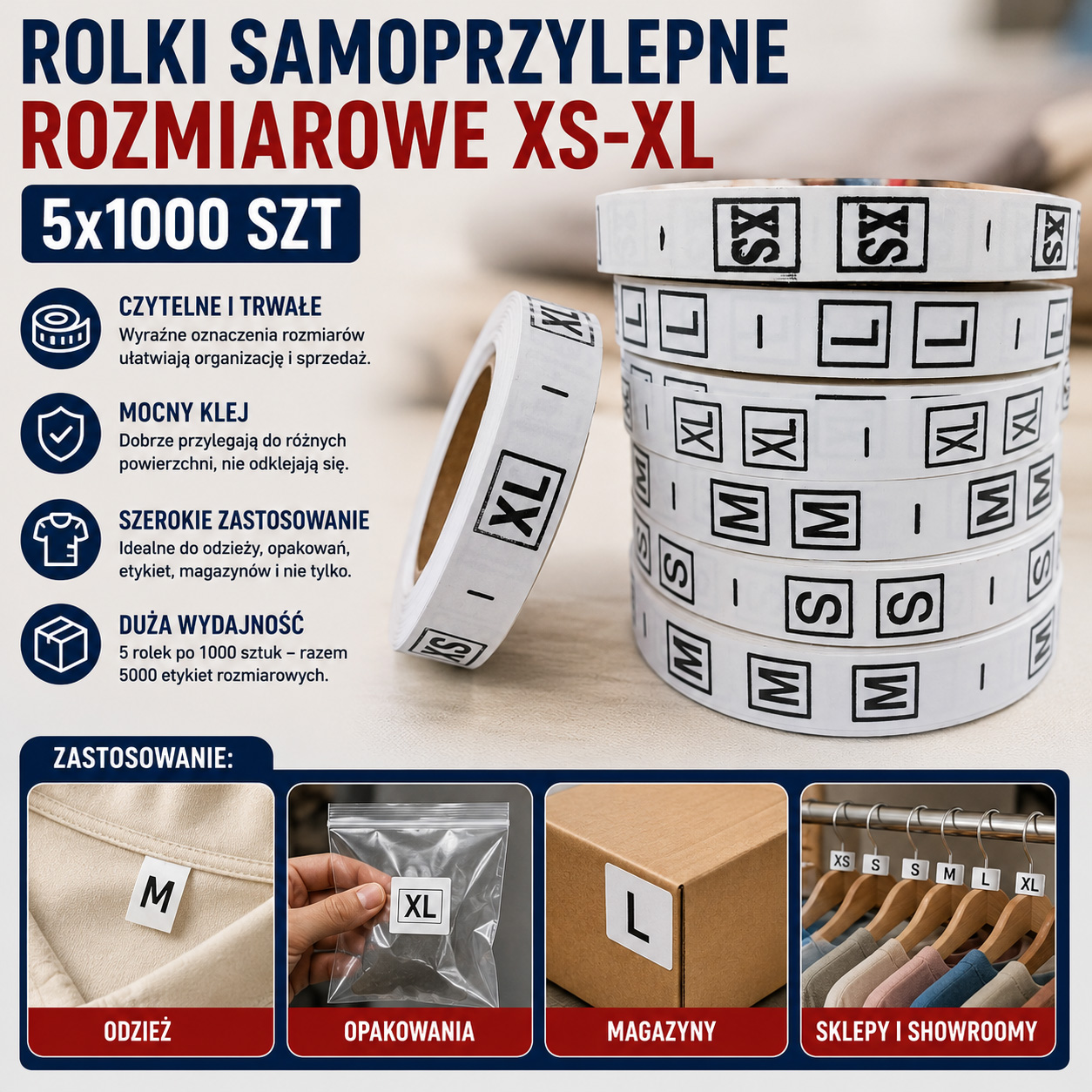 Rolki Samoprzylepne Rozmiarowe XS-XL 5x1000 szt