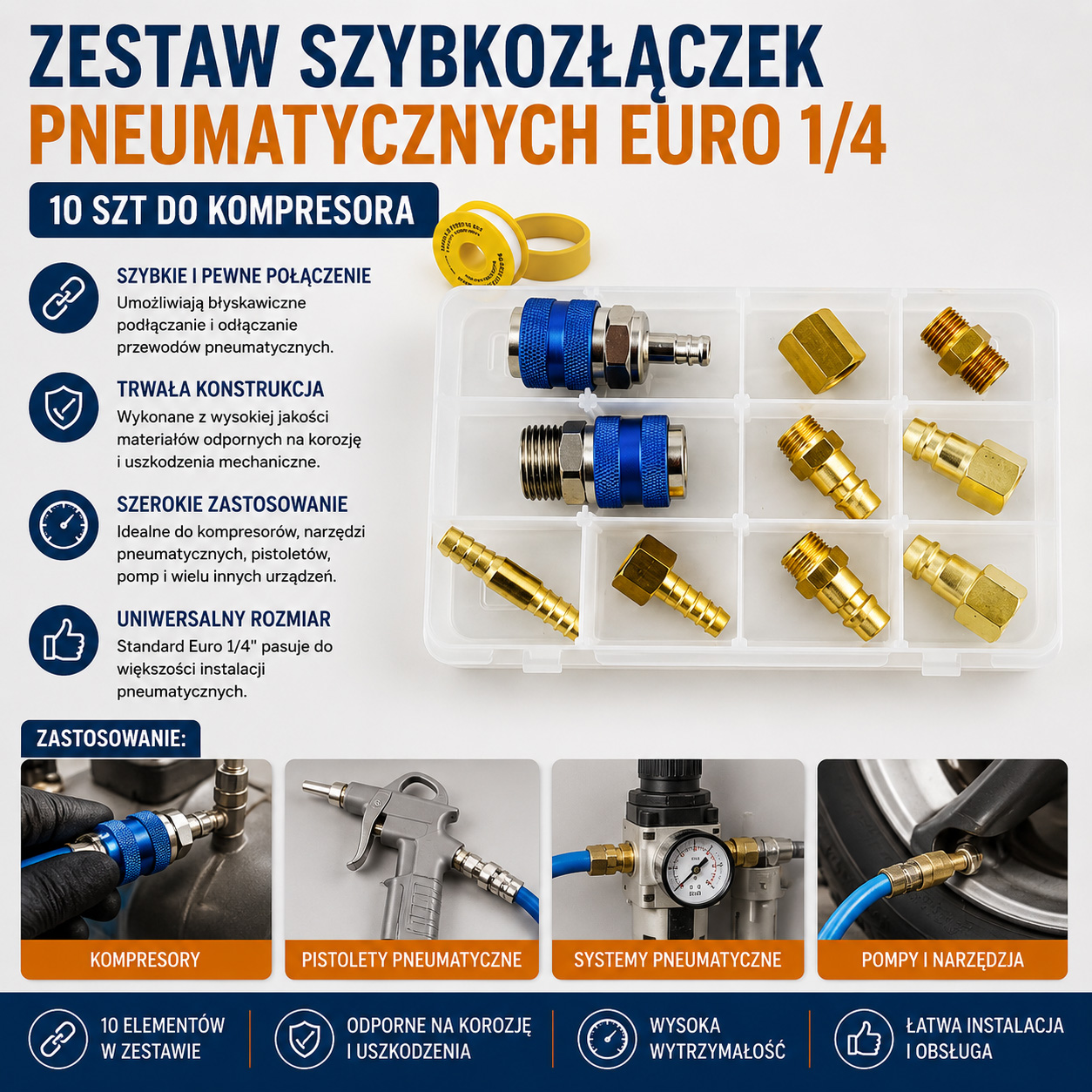 Zestaw Szybkozłączek Pneumatycznych Euro 1/4 10 szt Do Kompresora