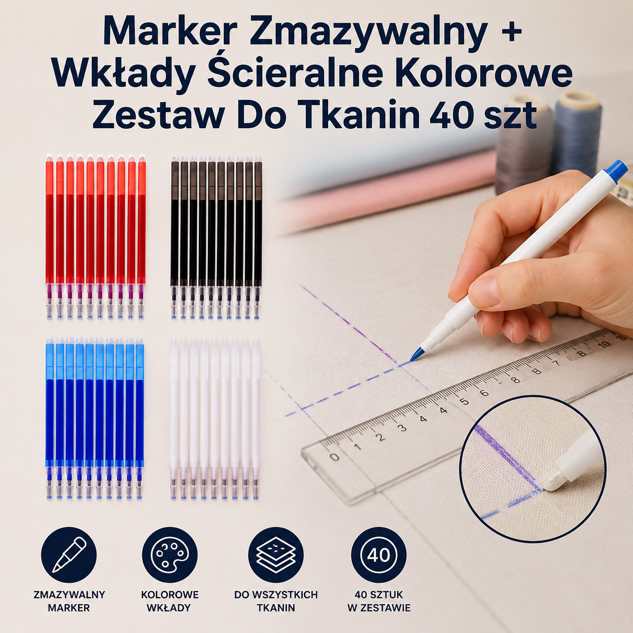 Marker Zmazywalny + Wkłady Ścieralne Kolorowe Zestaw Do Tkanin 40 szt