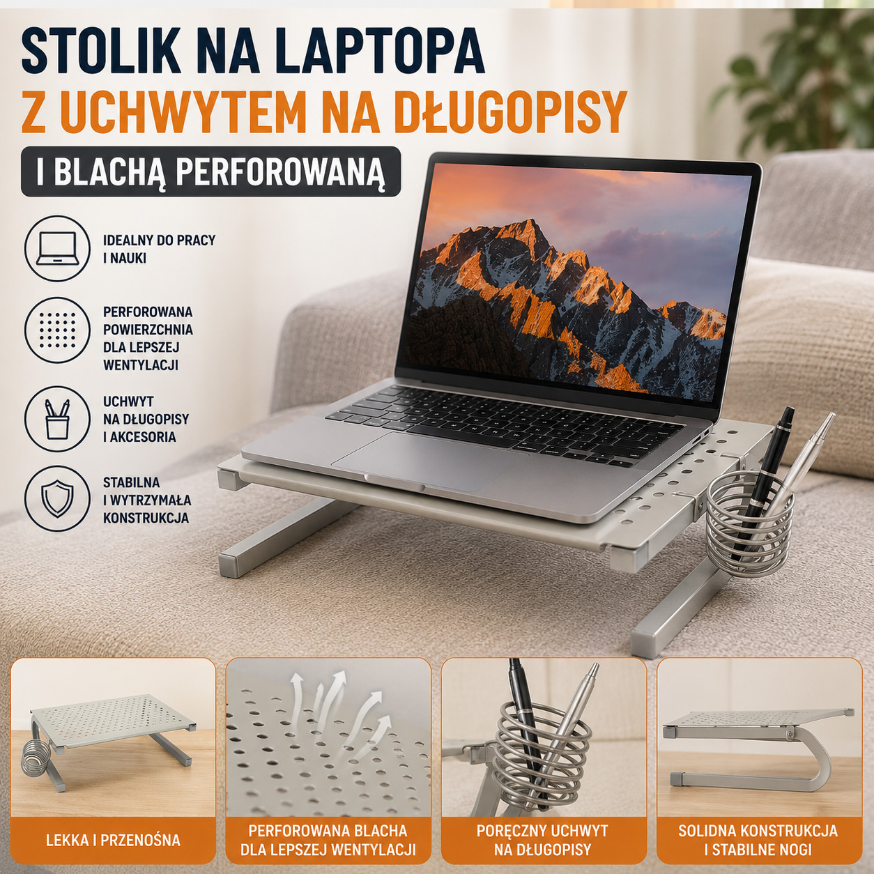 Stolik Na Laptopa Z Uchwytem Na Długopisy i Blachą Perforowaną