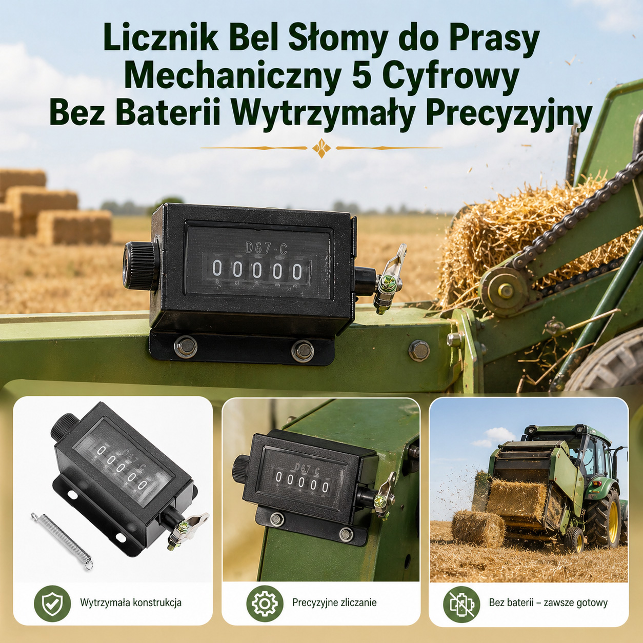 Licznik Bel Słomy do Prasy Mechaniczny 5 Cyfrowy Bez Baterii Wytrzymały Precyzyjny