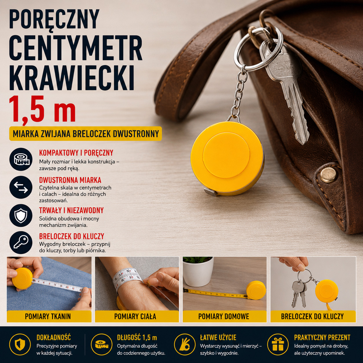 Poręczny Centymetr Krawiecki 1,5 m Miarka Zwijana Breloczek Dwustronny