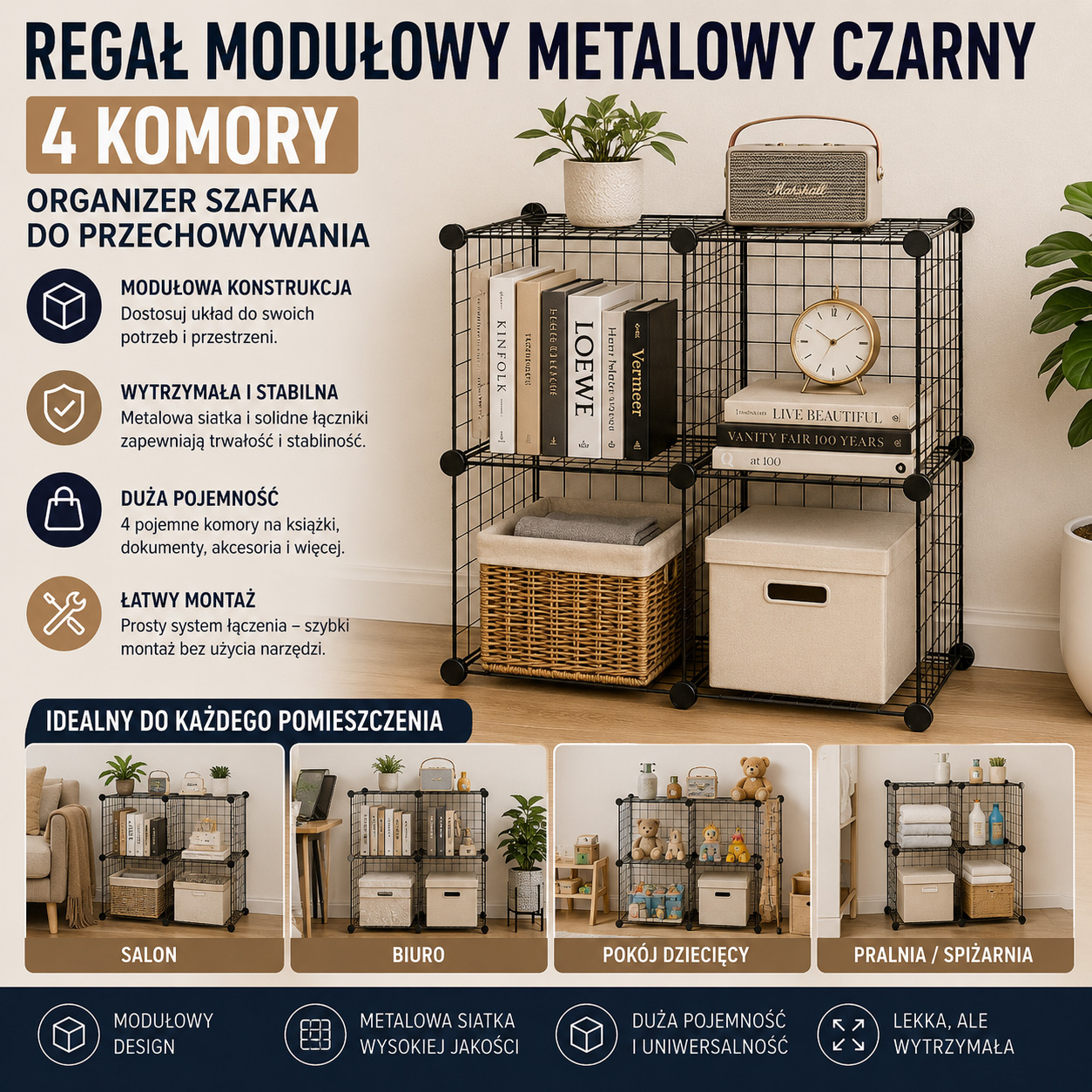 Regał Modułowy Metalowy Czarny 4 Komory Organizer Szafka Do Przechowywania