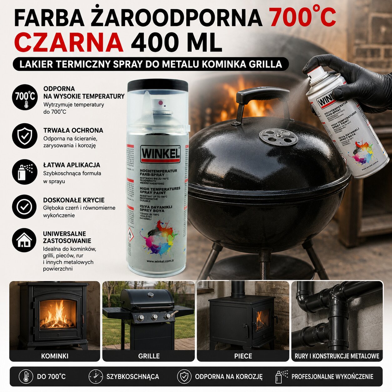 Farba Żaroodporna 700°C Czarna 400 ml Lakier Termiczny Spray Do Metalu Kominka Grilla