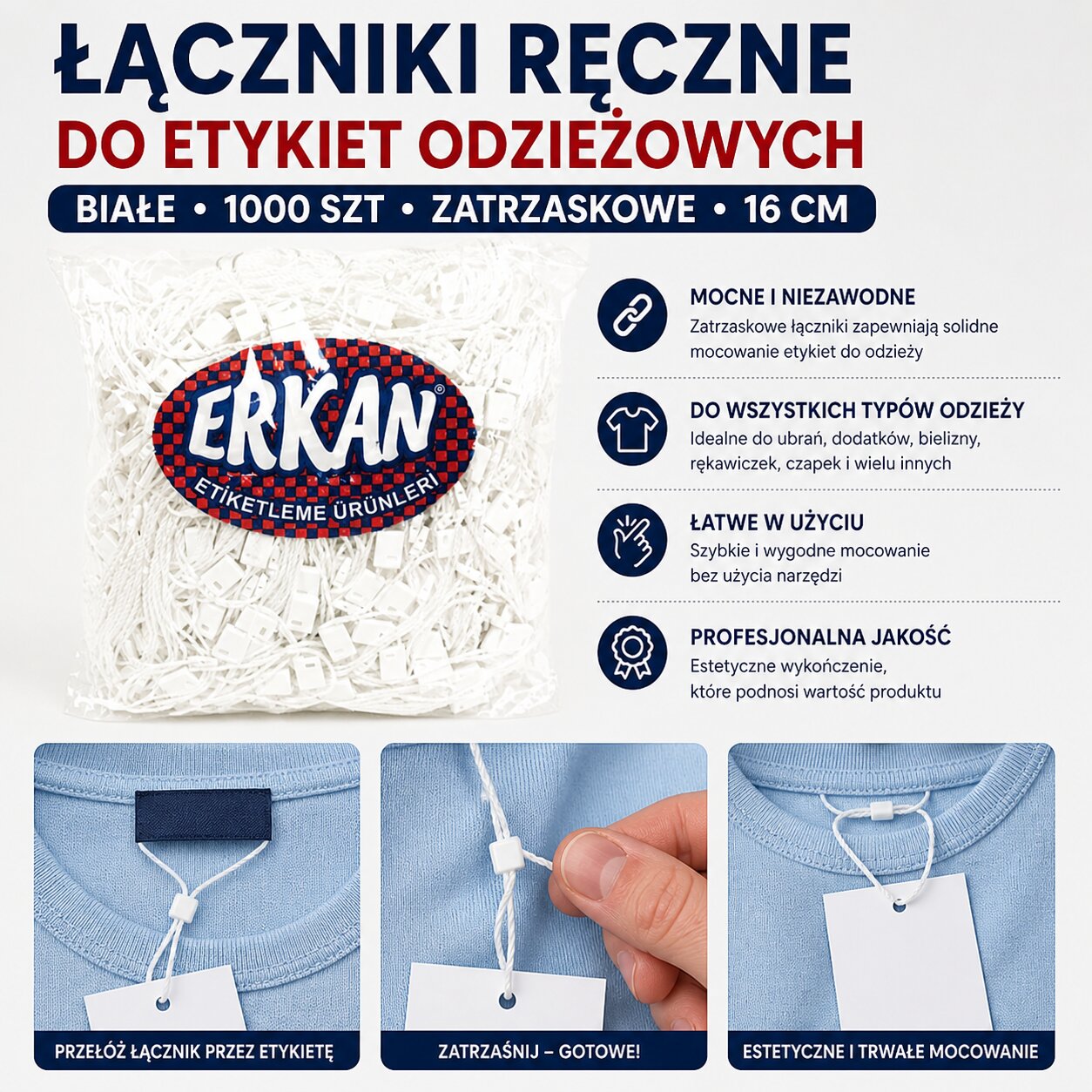 Łączniki Ręczne Do Etykiet Odzieżowych Białe 1000 szt Zatrzaskowe 16 cm