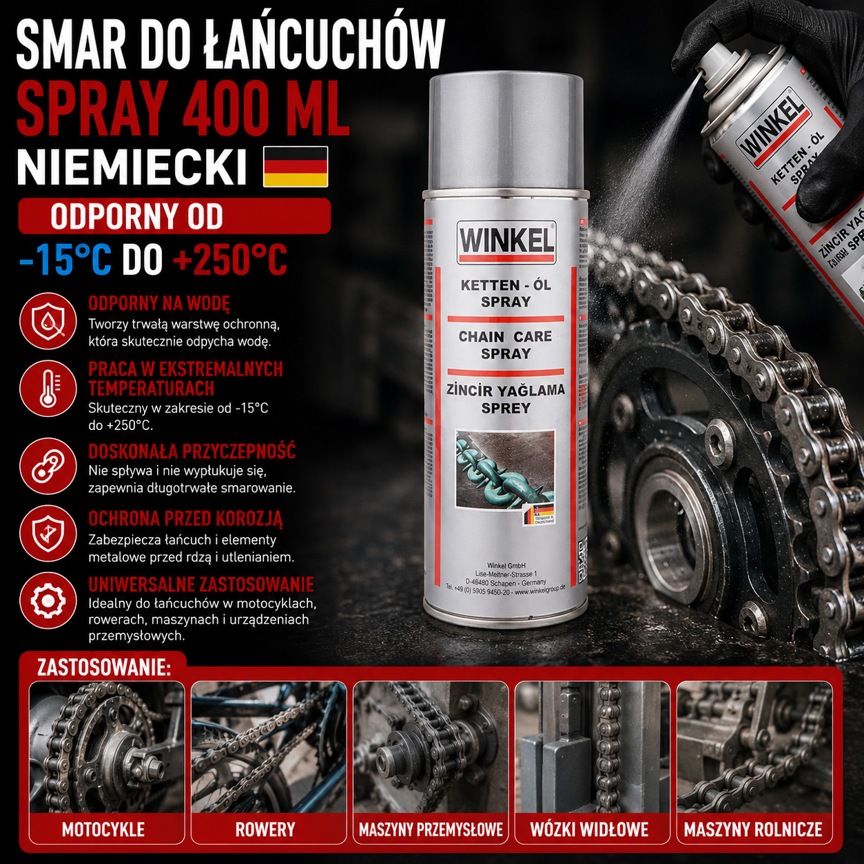 Smar Do Łańcuchów Spray 400 ml Niemiecki Odporny Od -15°C Do +250°C