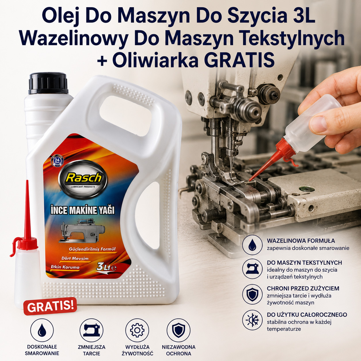 Olej Do Maszyn Do Szycia 3L Wazelinowy Do Maszyn Tekstylnych + Oliwiarka GRATIS