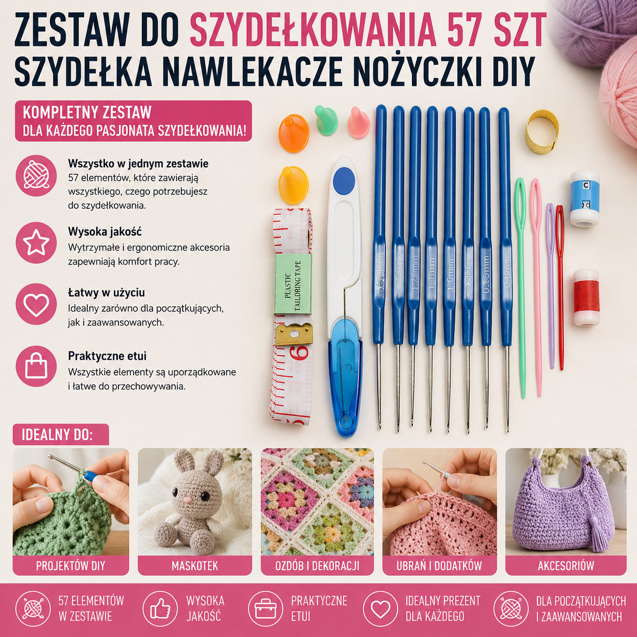 Zestaw Do Szydełkowania 57 szt Szydełka Nawlekacze Nożyczki DIY