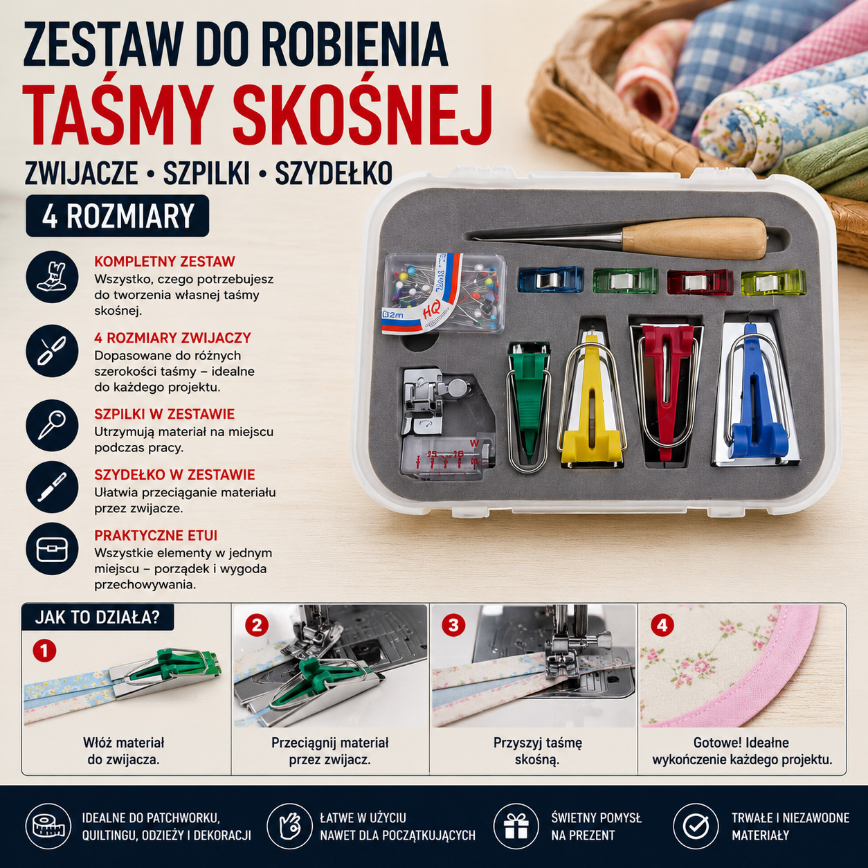 Zestaw Do Robienia Taśmy Skośnej Zwijacze Szpilki Szydełko 4 Rozmiary