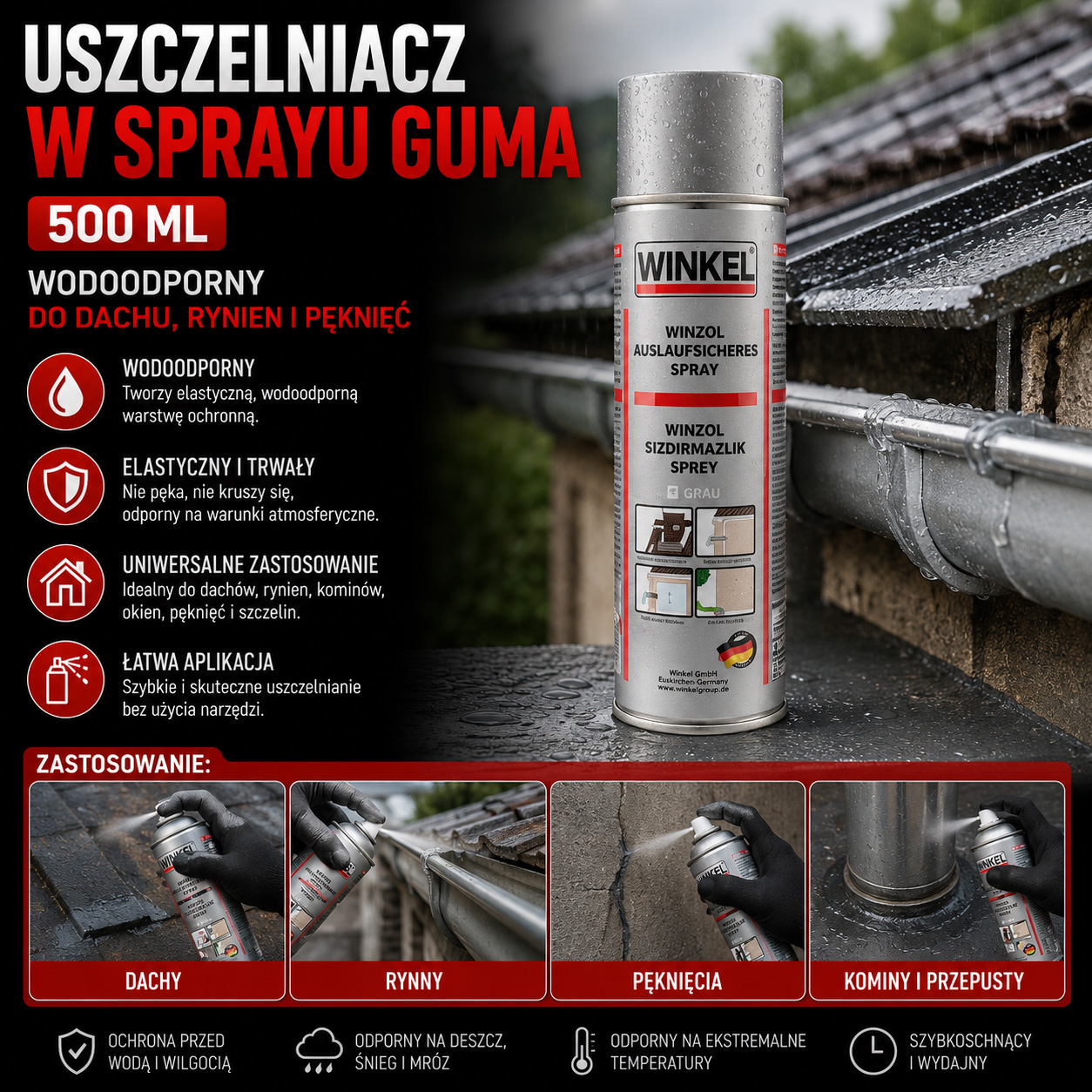 Uszczelniacz W Sprayu Guma 500 ml Wodoodporny Do Dachu Rynien i Pęknięć
