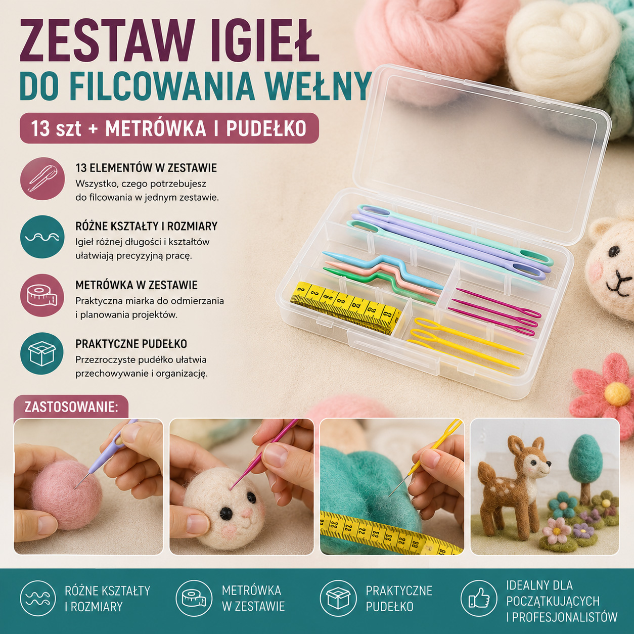 Zestaw Igieł Do Filcowania Wełny 13 szt + Metrówka i Pudełko