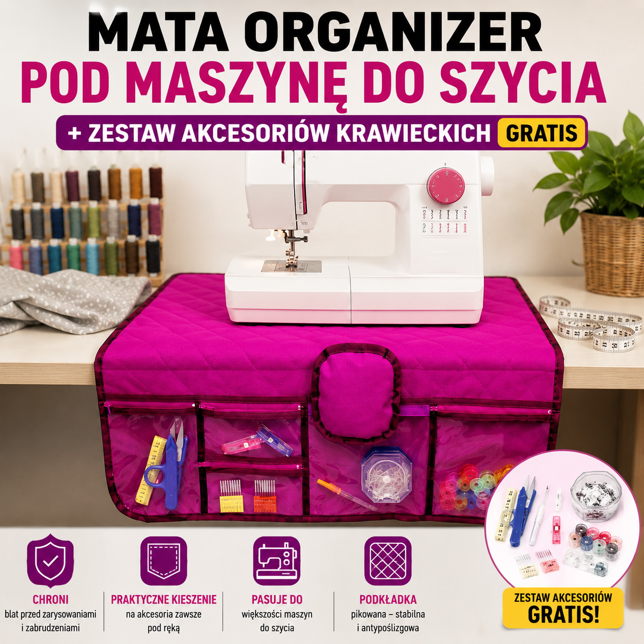 Mata Organizer Pod Maszynę Do Szycia + Zestaw Akcesoriów Krawieckich GRATIS