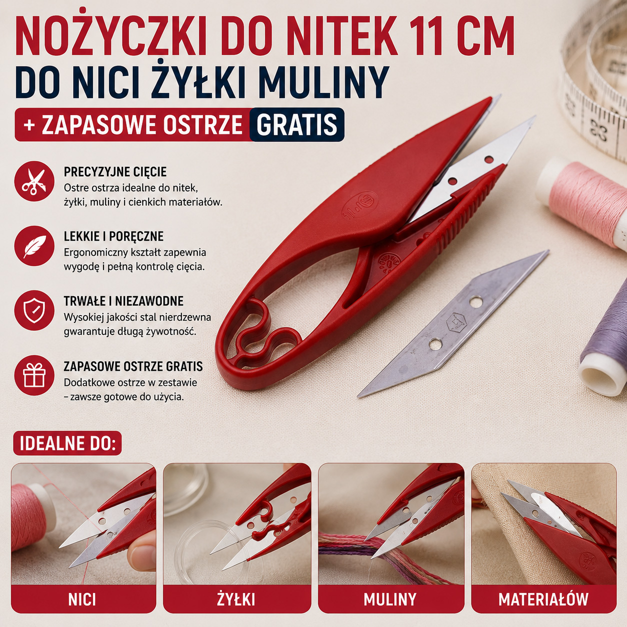Nożyczki Do Nitek 11 cm Do Nici Żyłki Muliny + Zapasowe Ostrze GRATIS