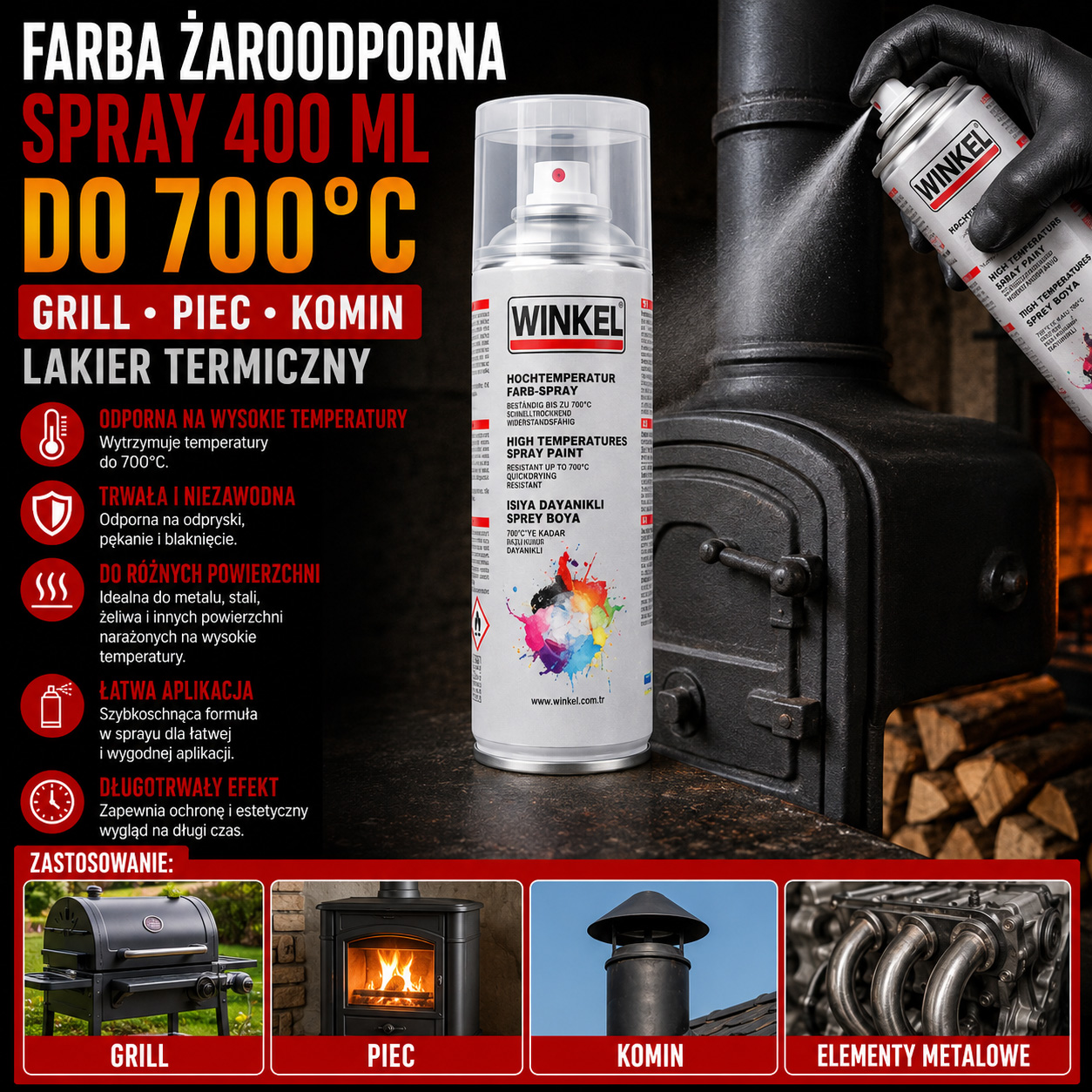 Farba Żaroodporna Spray 400 ml Do 700°C Grill Piec Komin Lakier Termiczny