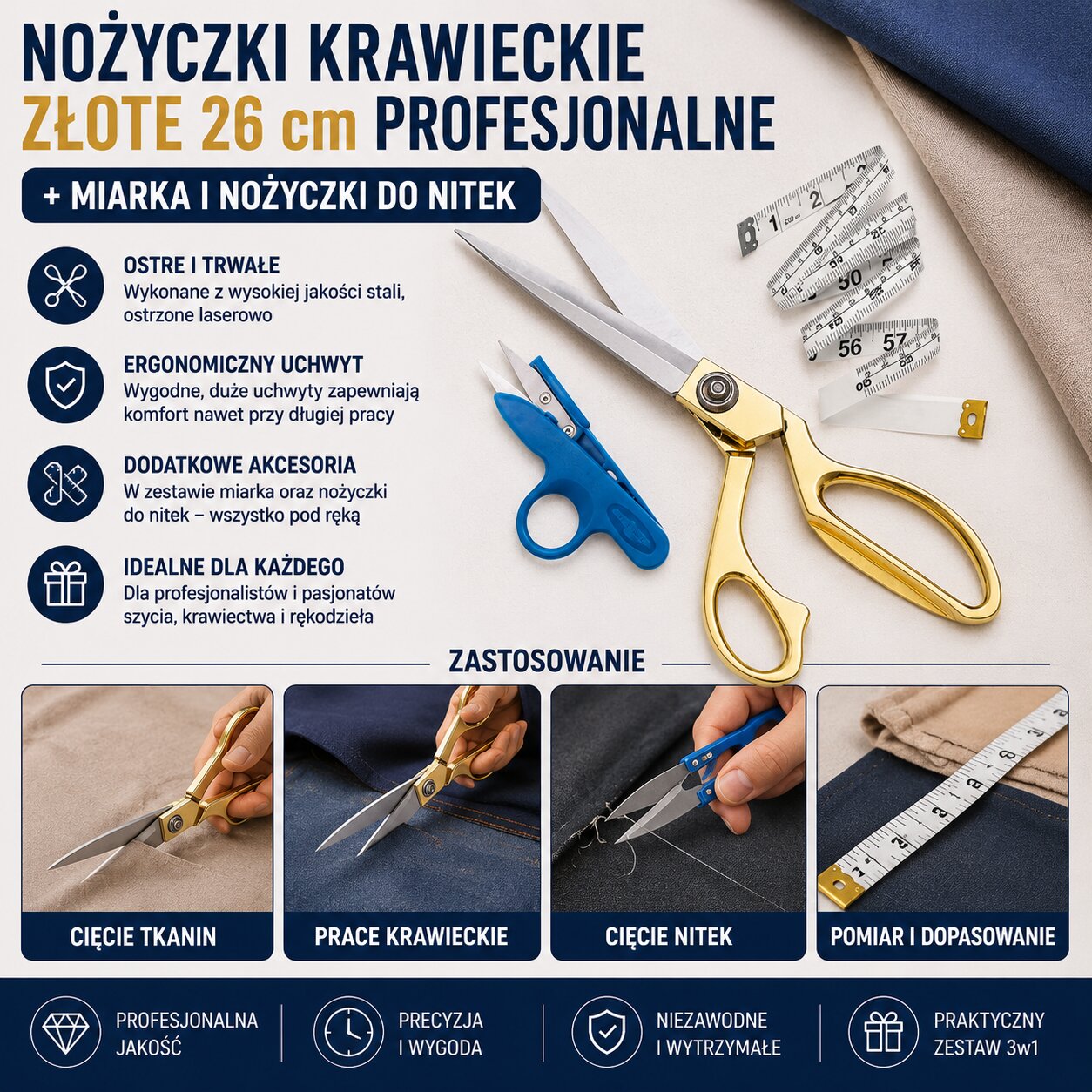Nożyczki Krawieckie Złote 26 cm Profesjonalne + Miarka i Nożyczki Do Nitek