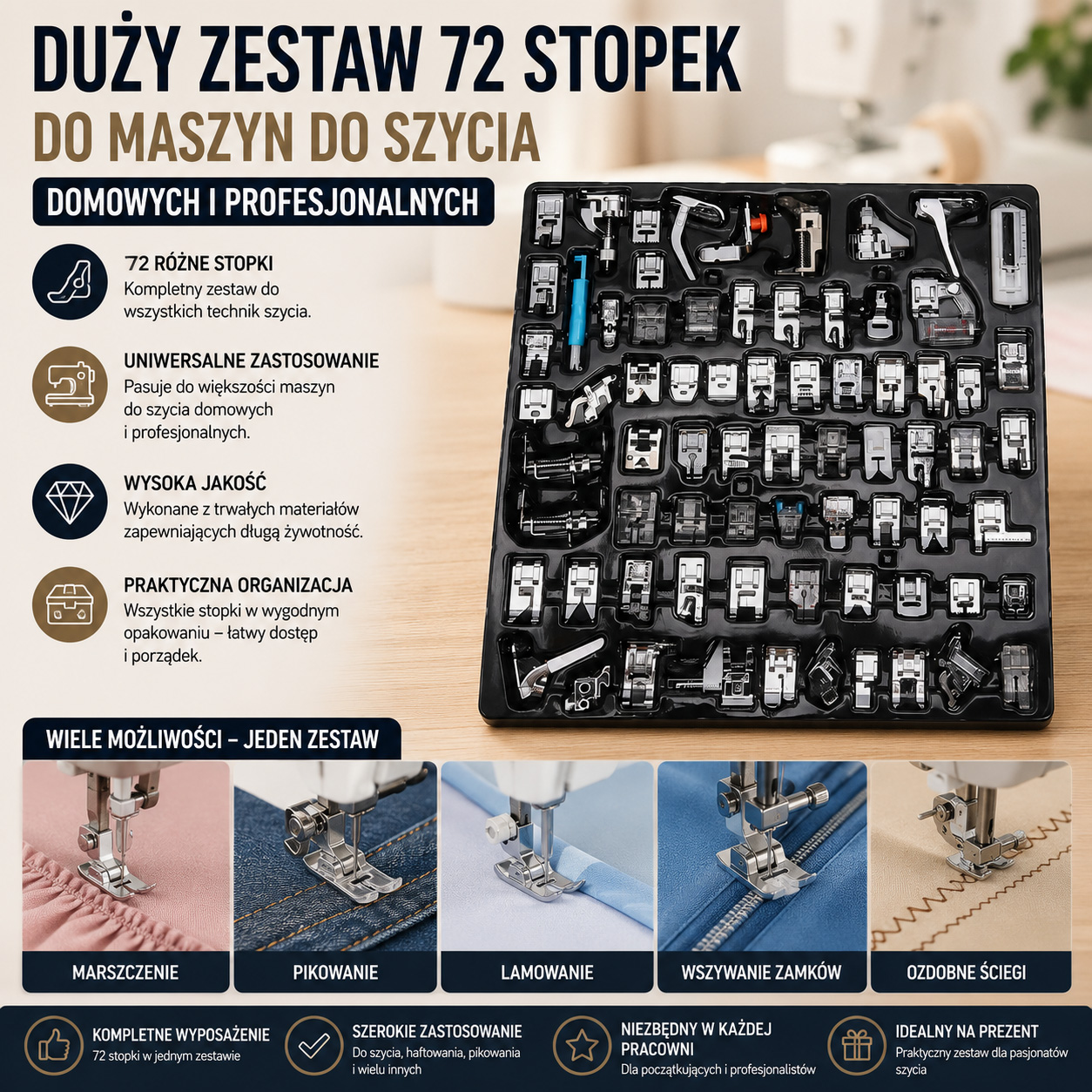 Duży Zestaw 72 Stopek Do Maszyn Do Szycia Domowych i Profesjonalnych