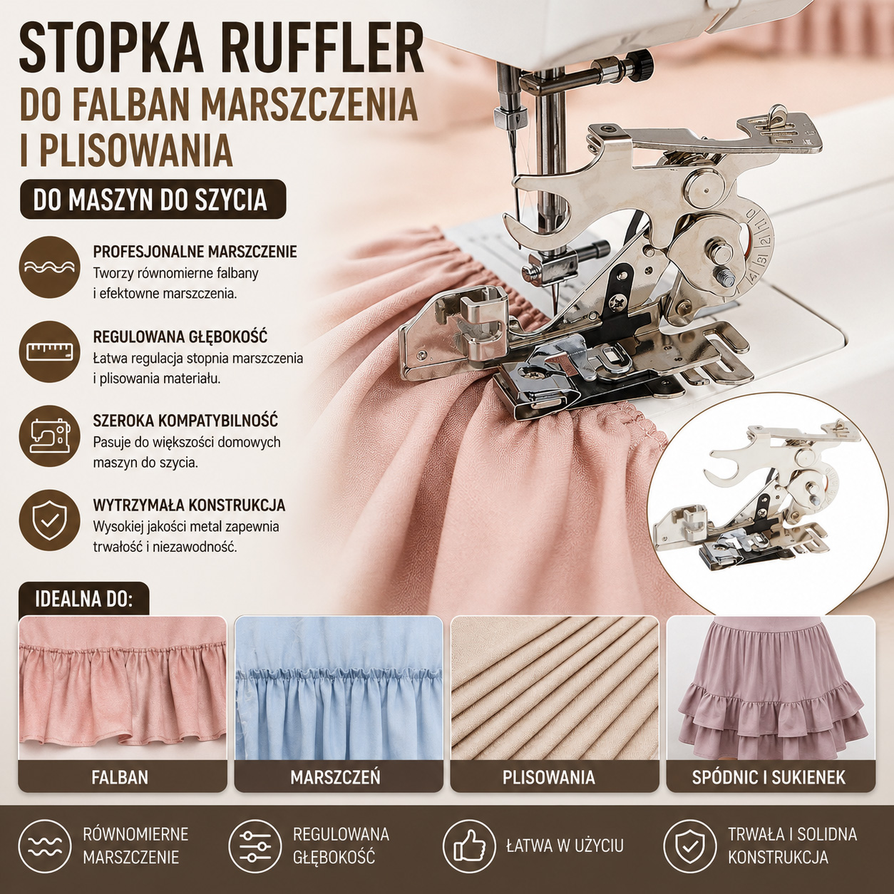 Stopka Ruffler Do Falban Marszczenia i Plisowania Do Maszyn Do Szycia