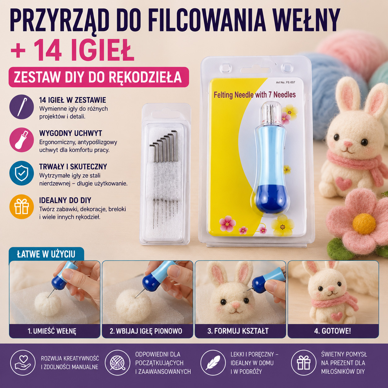 Przyrząd Do Filcowania Wełny + 14 Igieł Zestaw DIY Do Rękodzieła