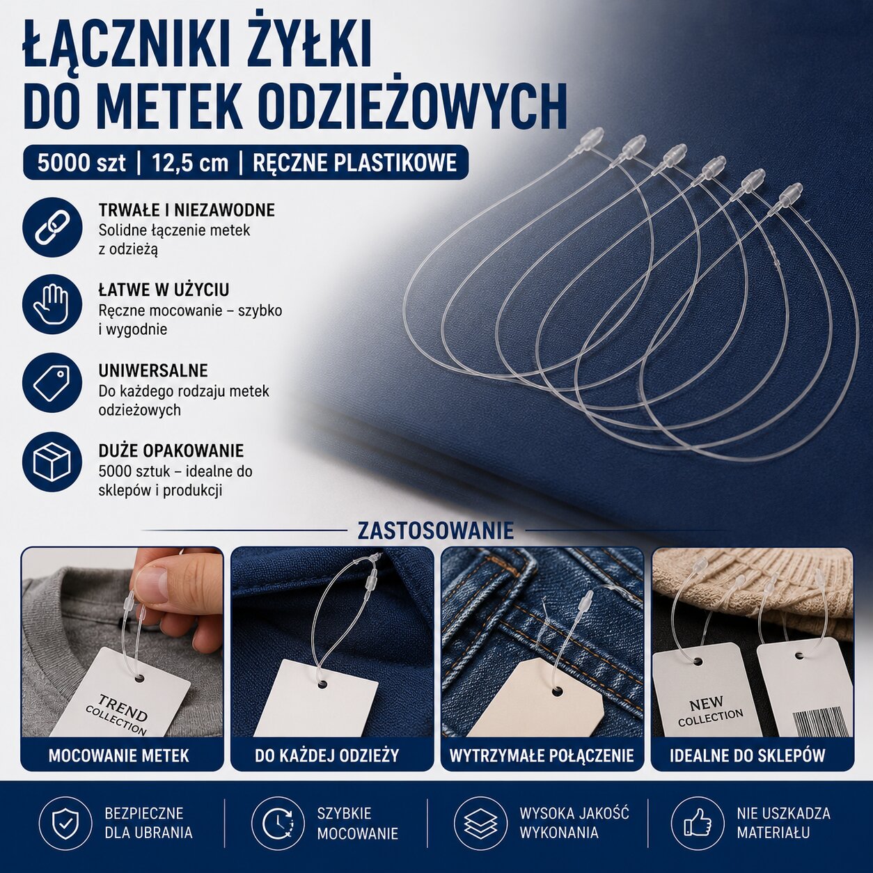 Łączniki Żyłki Do Metek Odzieżowych 5000 szt 12,5 cm Ręczne Plastikowe