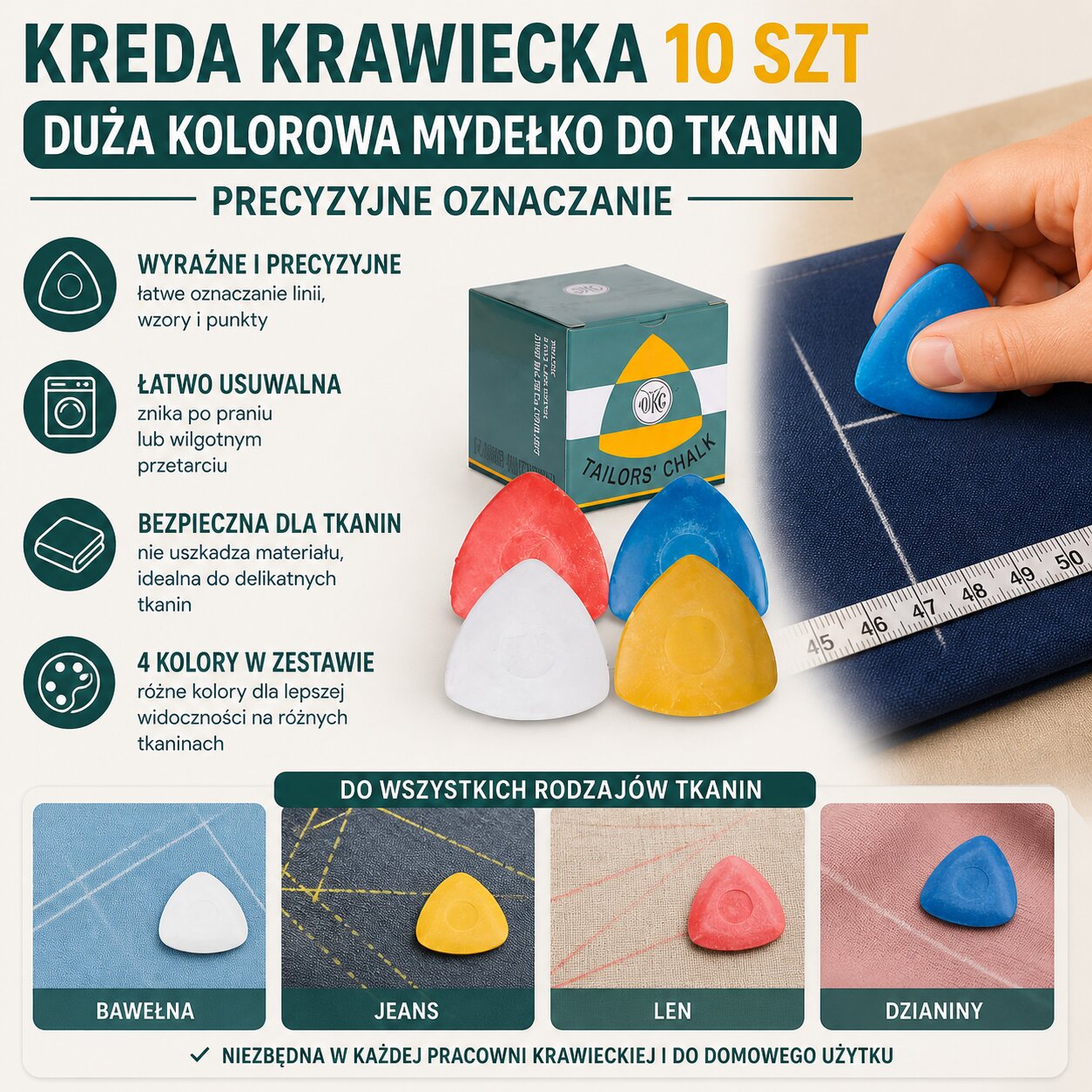 Kreda Krawiecka 10 szt Duża Kolorowa Mydełko Do Tkanin Precyzyjne Oznaczanie