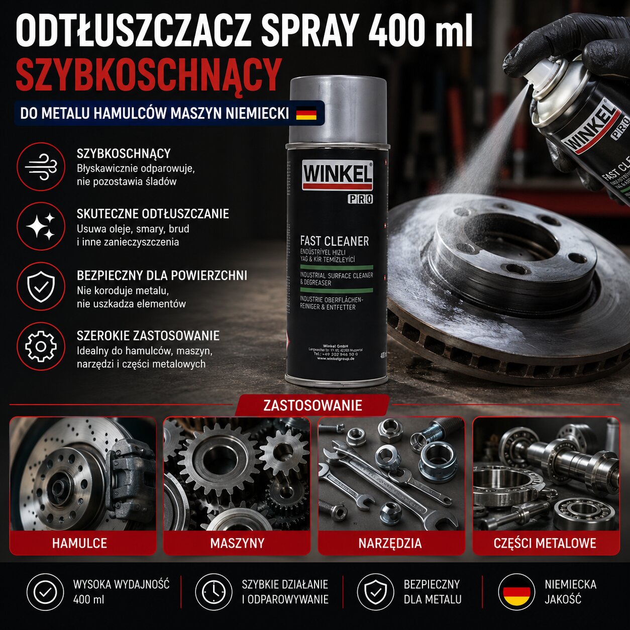 Odtłuszczacz Spray 400 ml Szybkoschnący Do Metalu Hamulców Maszyn Niemiecki