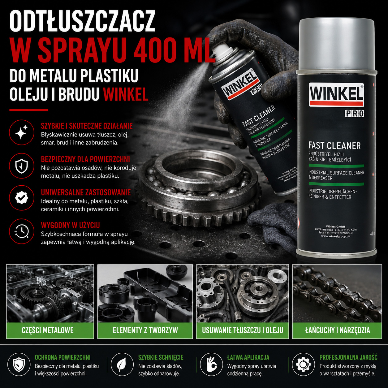 Odtłuszczacz W Sprayu 400 ml Do Metalu Plastiku Oleju i Brudu WINKEL