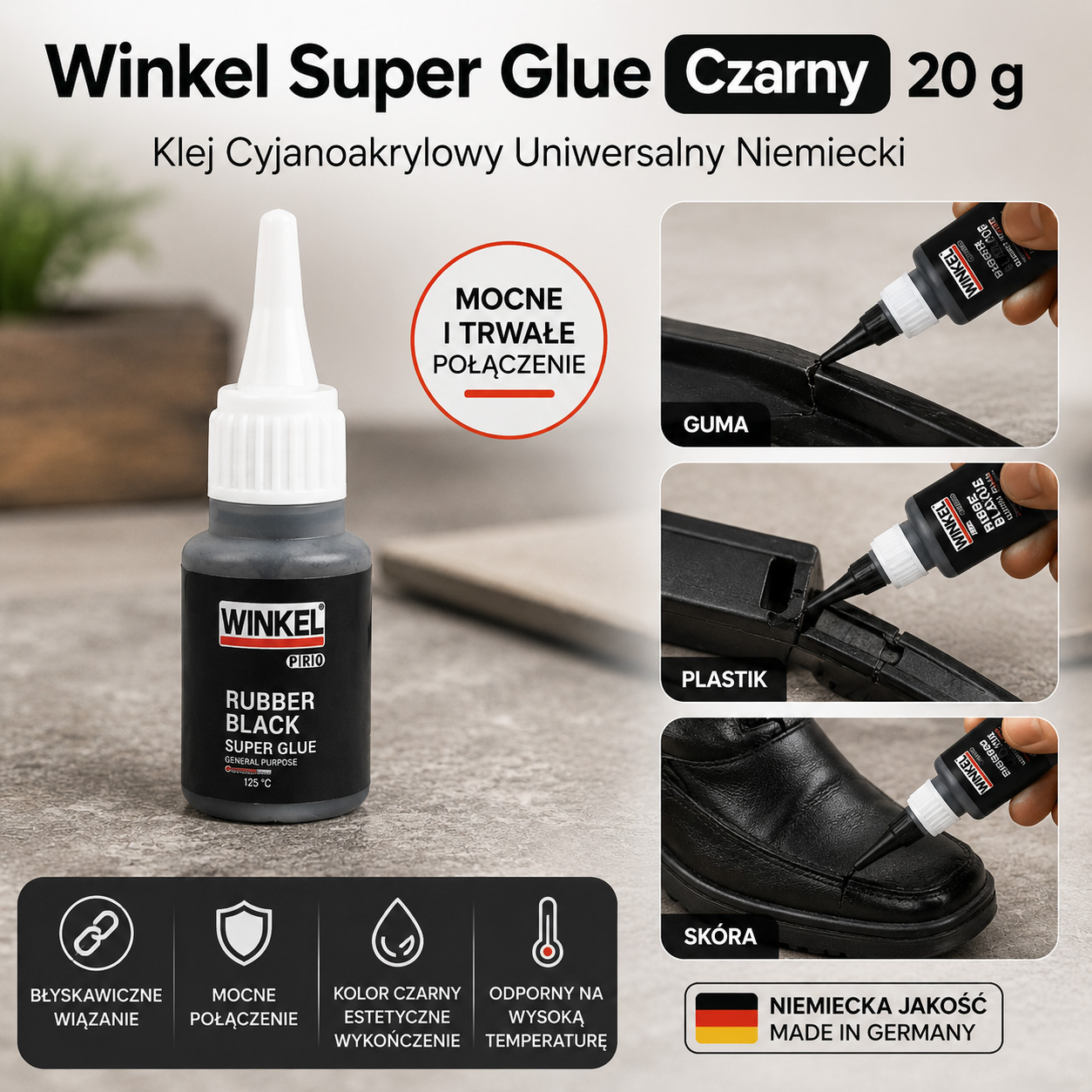 Winkel Super Glue Czarny 20 g Klej Cyjanoakrylowy Uniwersalny Niemiecki