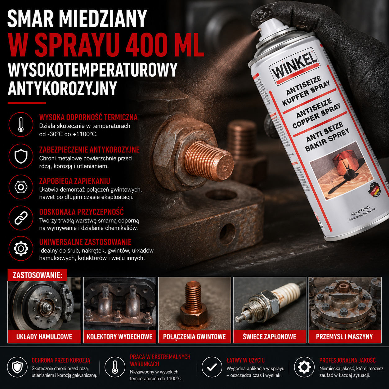 Smar Miedziany W Sprayu 400 ml Wysokotemperaturowy Antykorozyjny