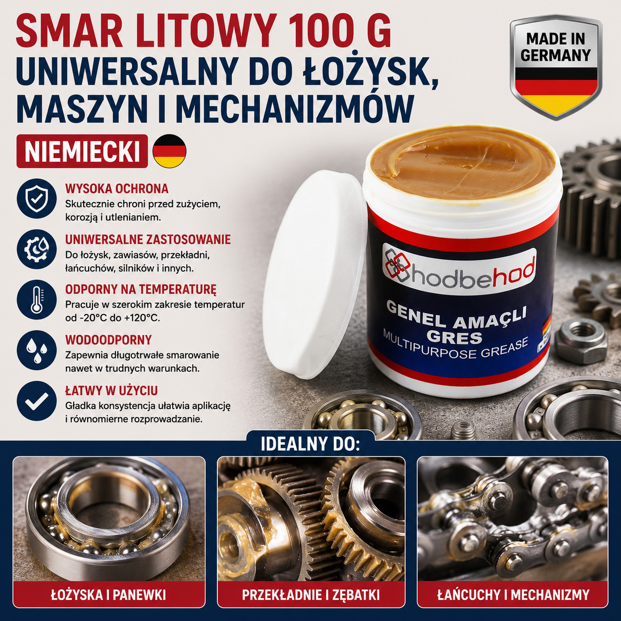 Smar Litowy 100 g Uniwersalny Do Łożysk Maszyn i Mechanizmów Niemiecki