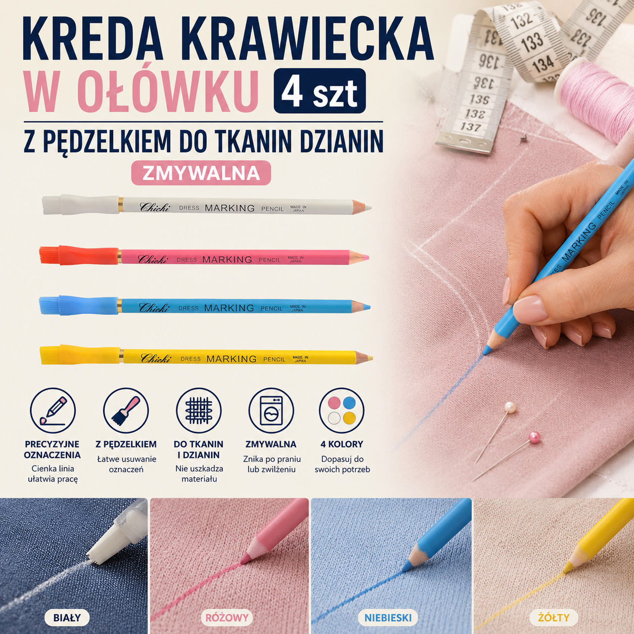 Kreda Krawiecka w Ołówku 4 szt Z Pędzelkiem Do Tkanin Dzianin Zmywalna
