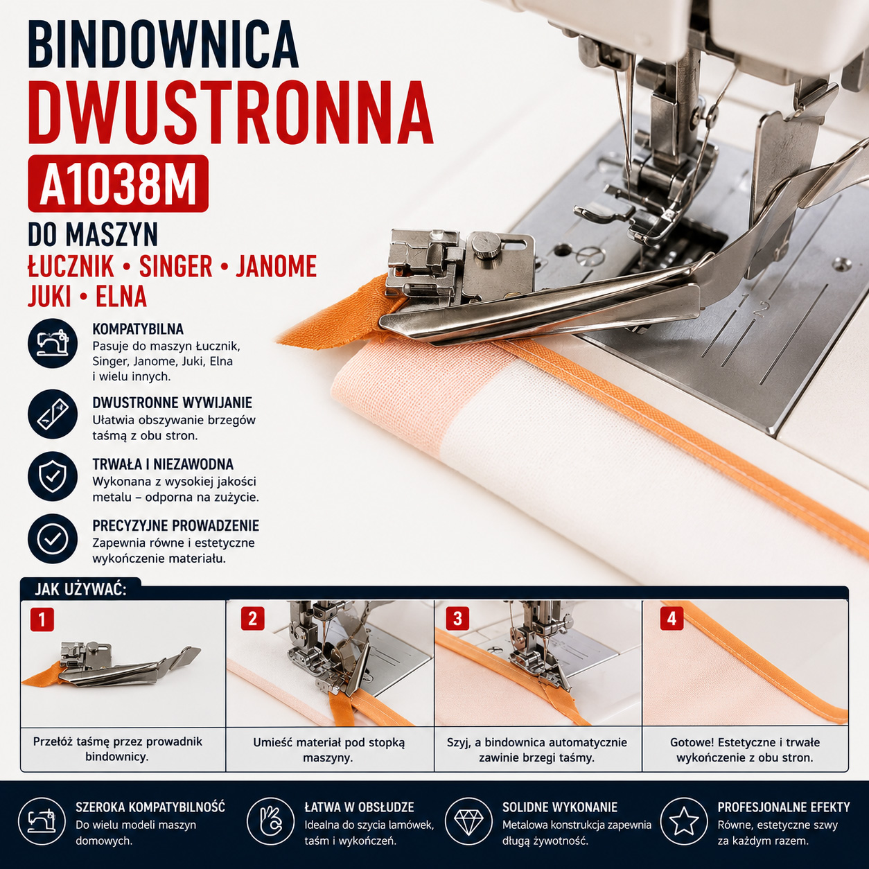 Bindownica Dwustronna A1038M Do Maszyn Łucznik Singer Janome Juki Elna
