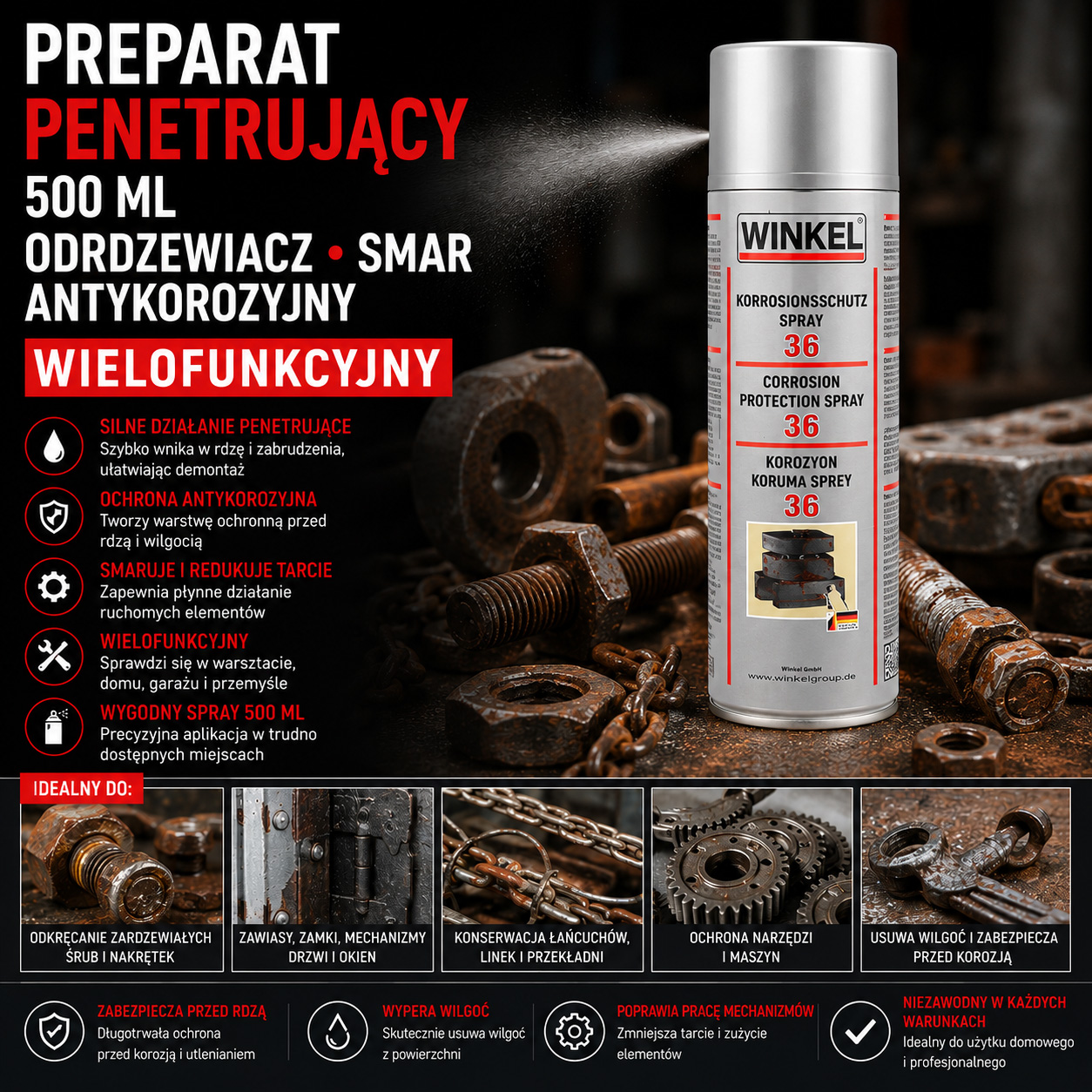 Preparat Penetrujący 500 ml Odrdzewiacz Smar Antykorozyjny Wielofunkcyjny