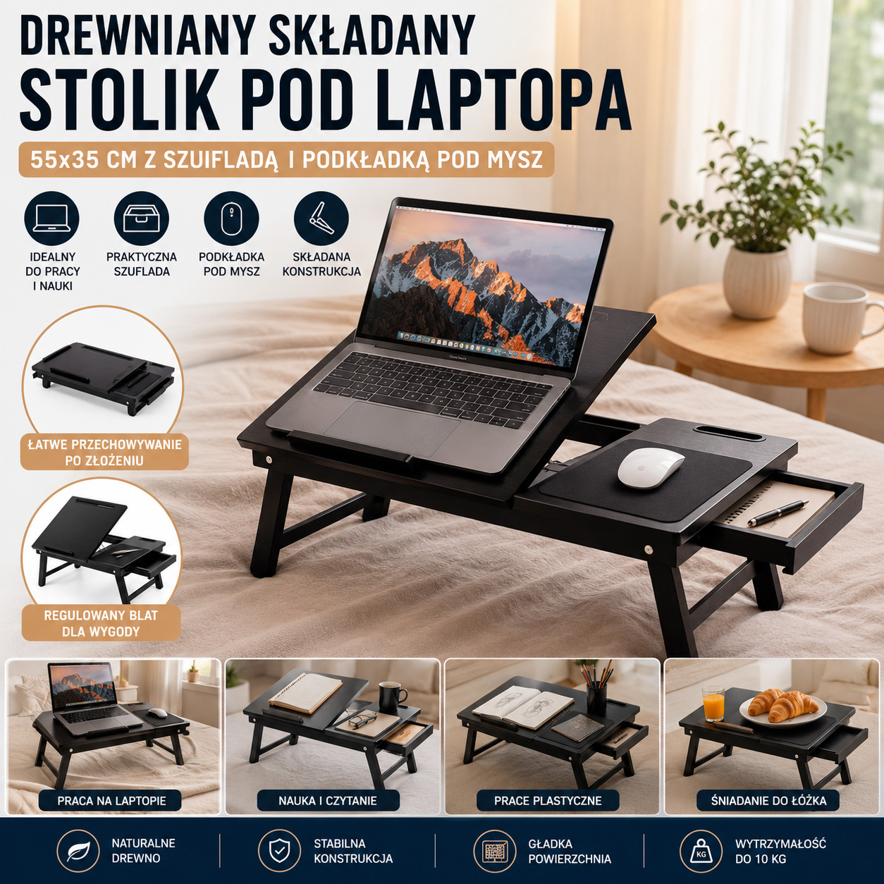 Drewniany Składany Stolik Pod Laptopa 55x35 cm Z Szufladą i Podkładką Pod Mysz