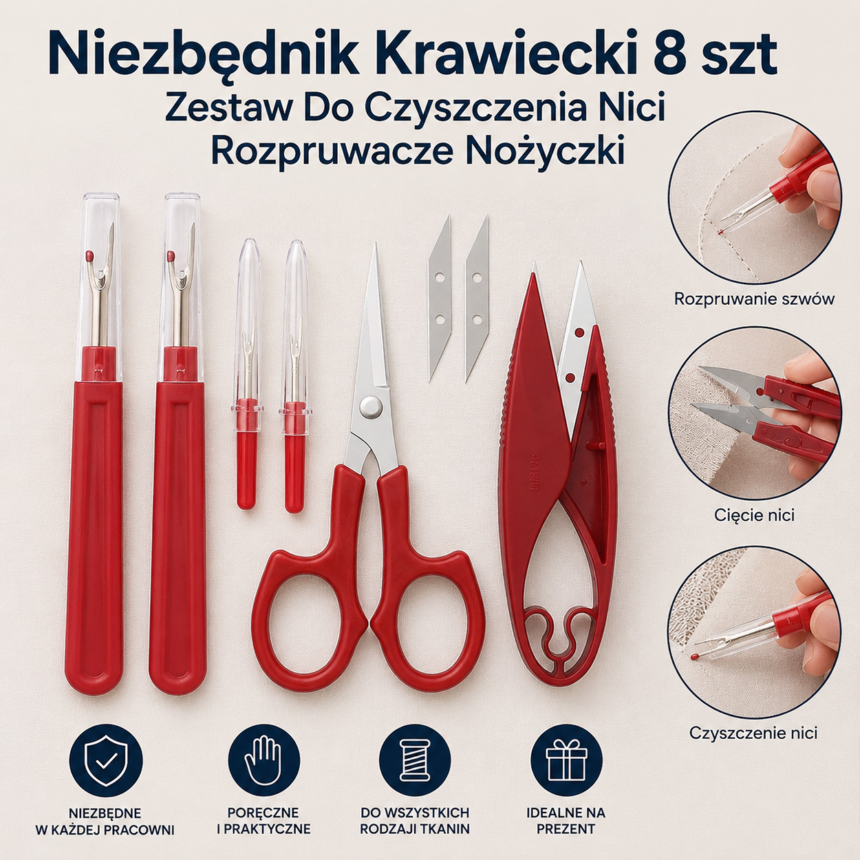 Niezbędnik Krawiecki 8 szt Zestaw Do Czyszczenia Nici Rozpruwacze Nożyczki