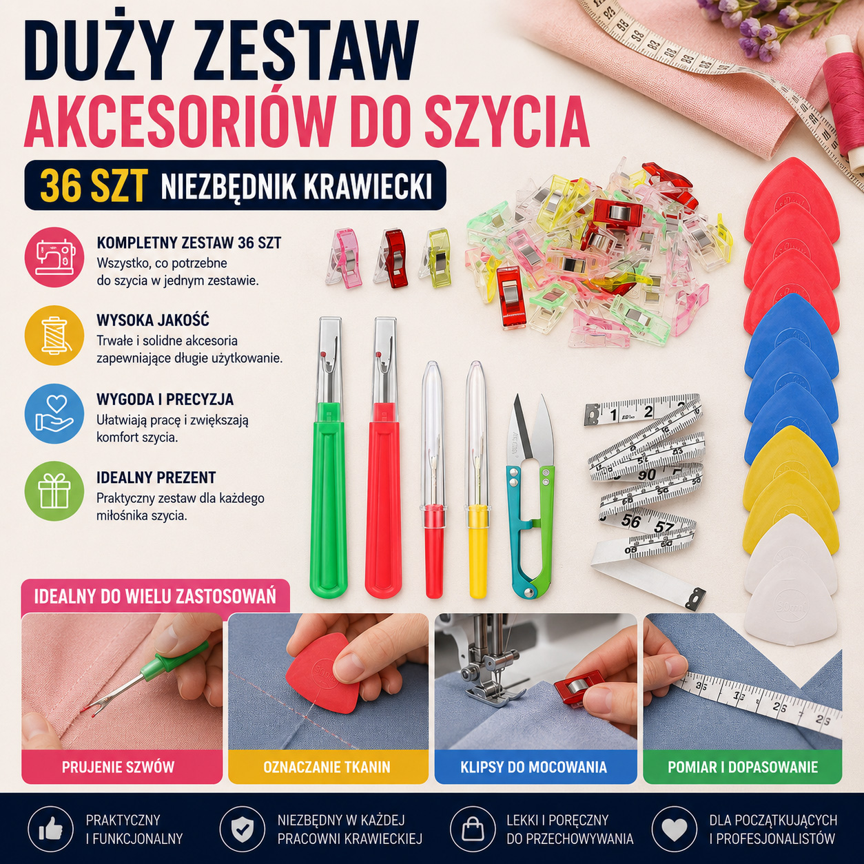 Duży Zestaw Akcesoriów Do Szycia 36 szt Niezbędnik Krawiecki