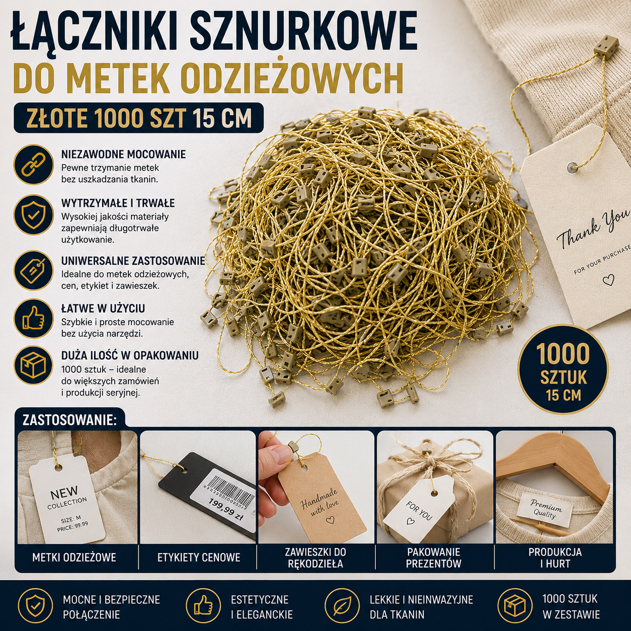 Łączniki Sznurkowe Do Metek Odzieżowych Złote 1000 szt 15 cm