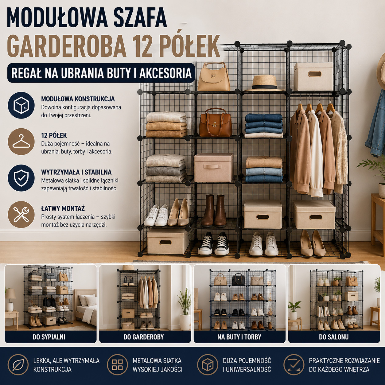 Modułowa Szafa Garderoba 12 Półek Regał Na Ubrania Buty i Akcesoria