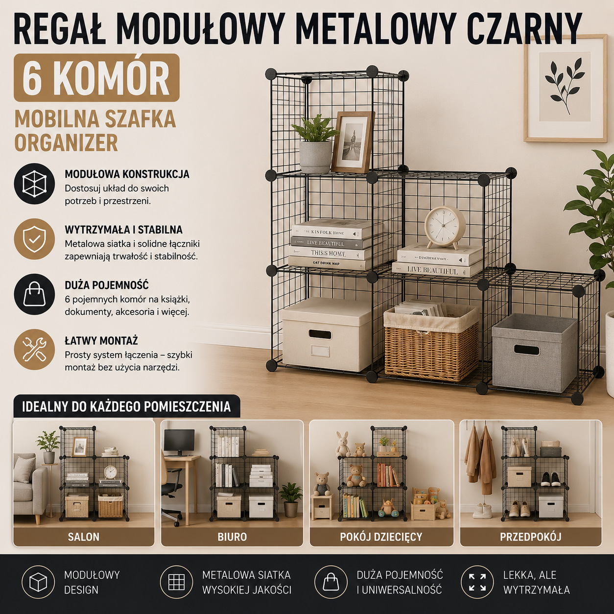 Regał Modułowy Metalowy Czarny 6 Komór Mobilna Szafka Organizer