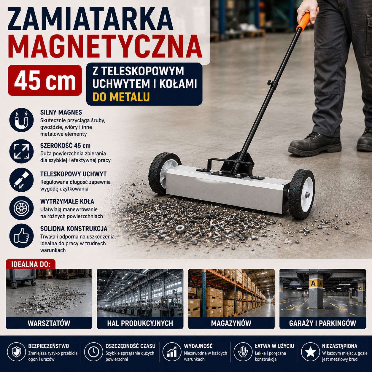 Zamiatarka Magnetyczna 45 cm Z Teleskopowym Uchwytem i Kołami Do Metalu
