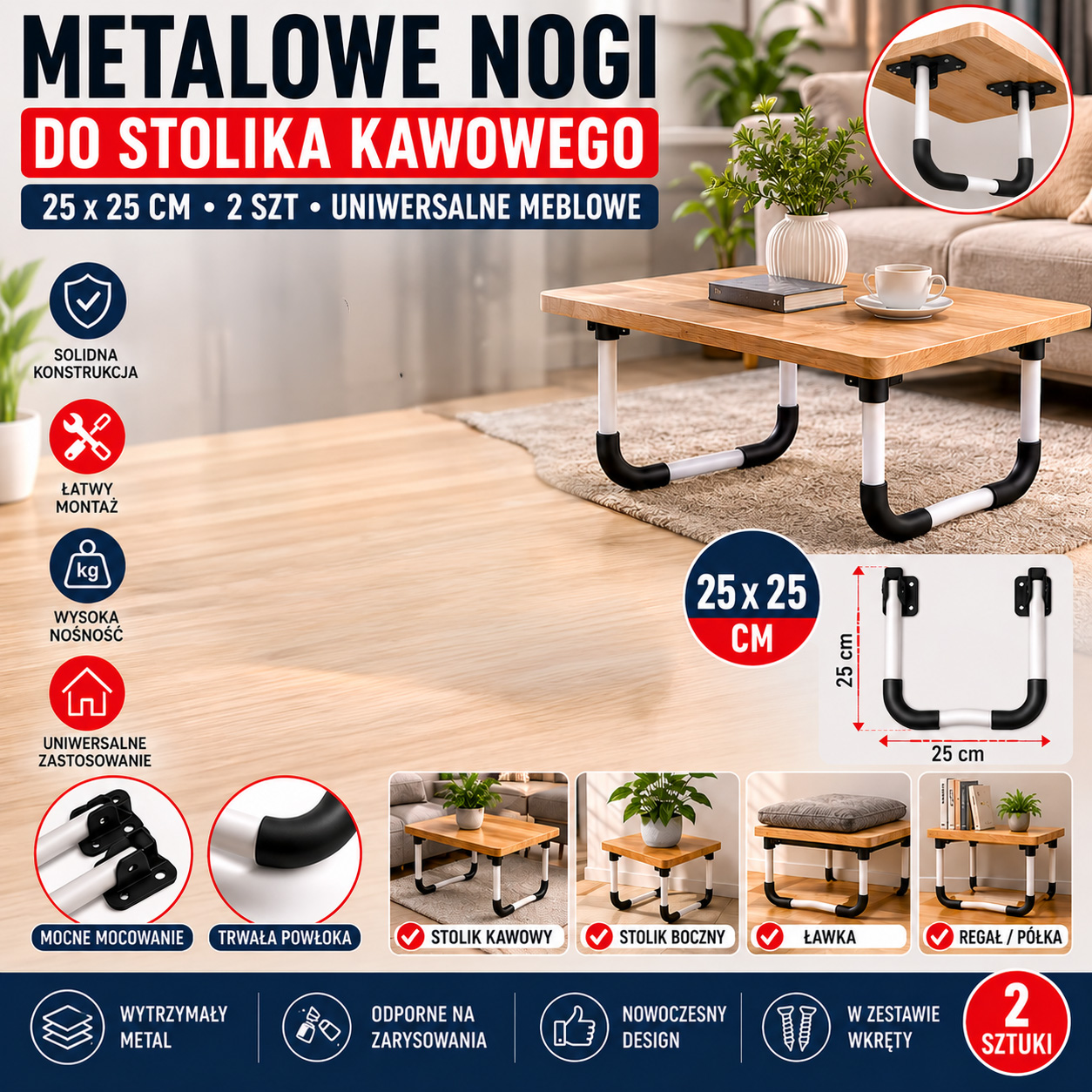 Metalowe Nogi Do Stolika Kawowego 25x25 cm 2 szt Uniwersalne Meblowe