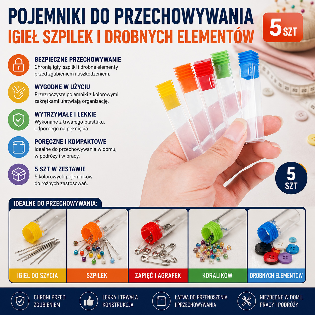 Pojemniki Do Przechowywania Igieł Szpilek i Drobnych Elementów 5 szt