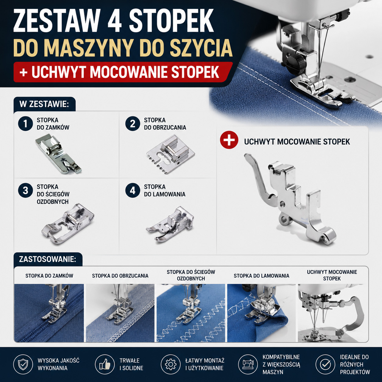 Zestaw 4 Stopek Do Maszyny Do Szycia + Uchwyt Mocowanie Stopek