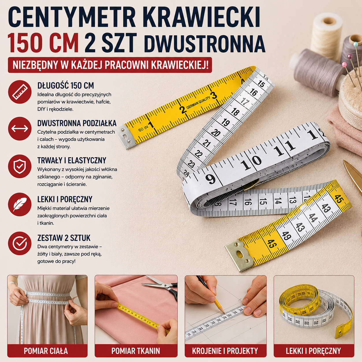 Centymetr Krawiecki 150 cm 2 szt Dwustronna