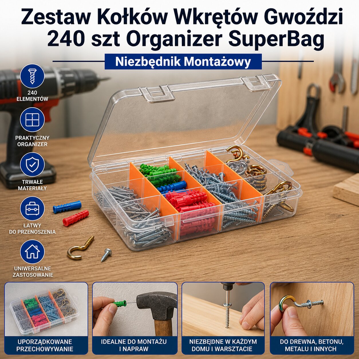 Zestaw Kołków Wkrętów Gwoździ 240 szt Organizer SuperBag Niezbędnik Montażowy