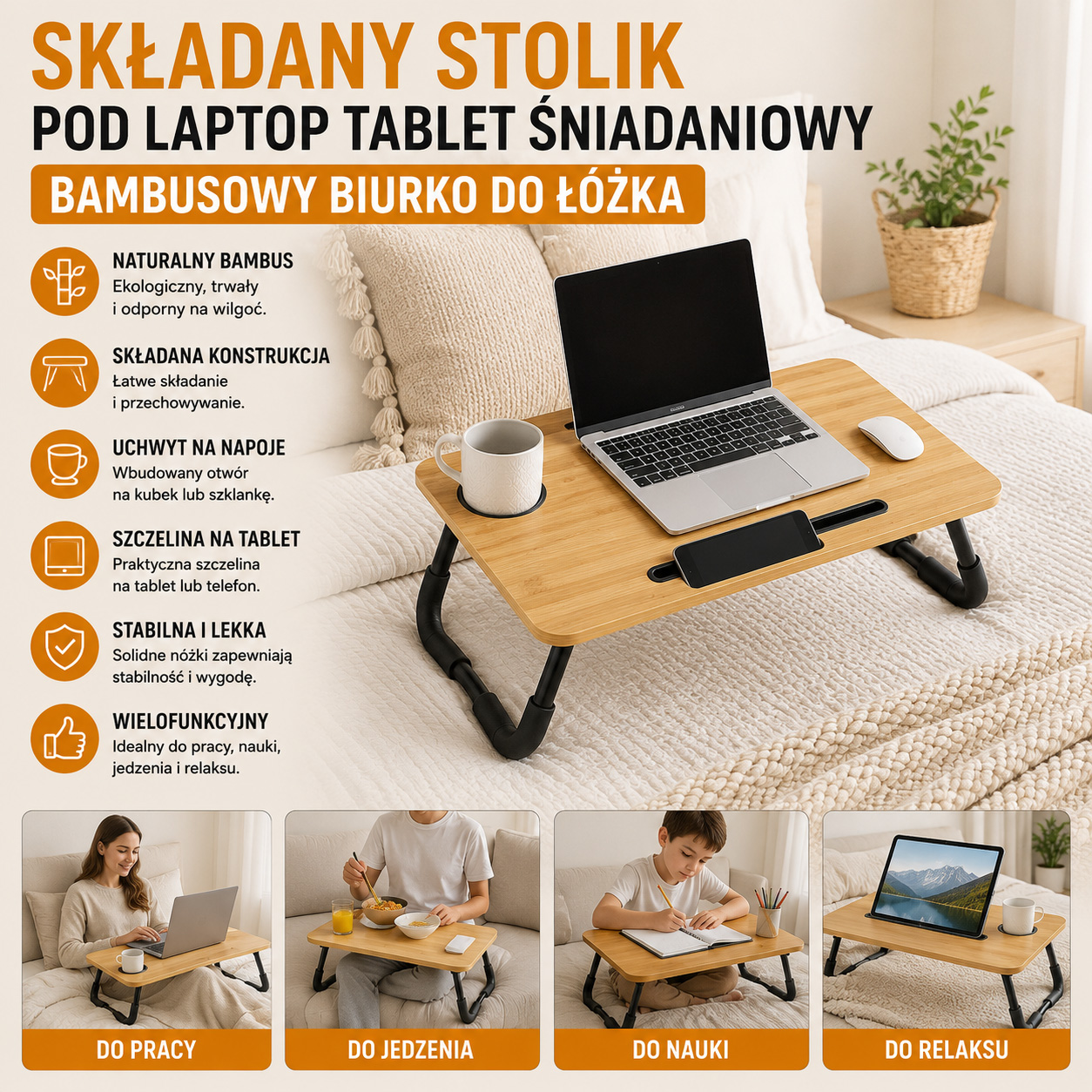 Składany Stolik Pod Laptop Tablet Śniadaniowy Bambusowy Biurko Do Łóżka
