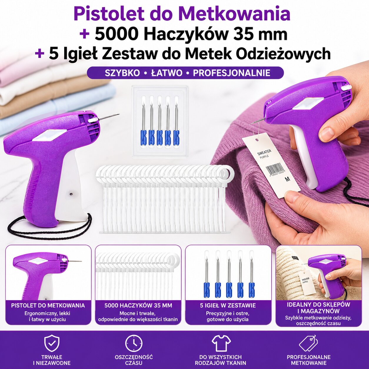Pistolet do Metkowania + 5000 Haczyków 35 mm + 5 Igieł Zestaw do Metek Odzieżowych