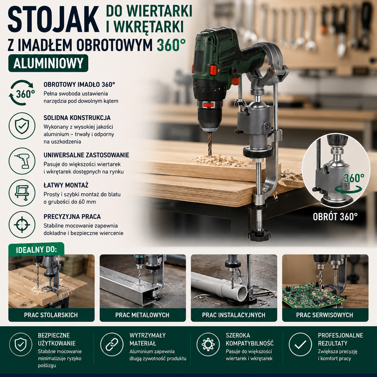 Stojak Do Wiertarki i Wkrętarki Z Imadłem Obrotowym 360° Aluminiowy