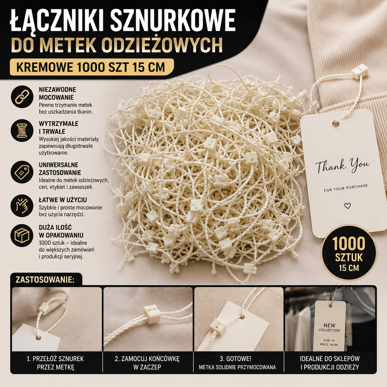 Łączniki Sznurkowe Do Metek Odzieżowych Kremowe 1000 szt 15 cm
