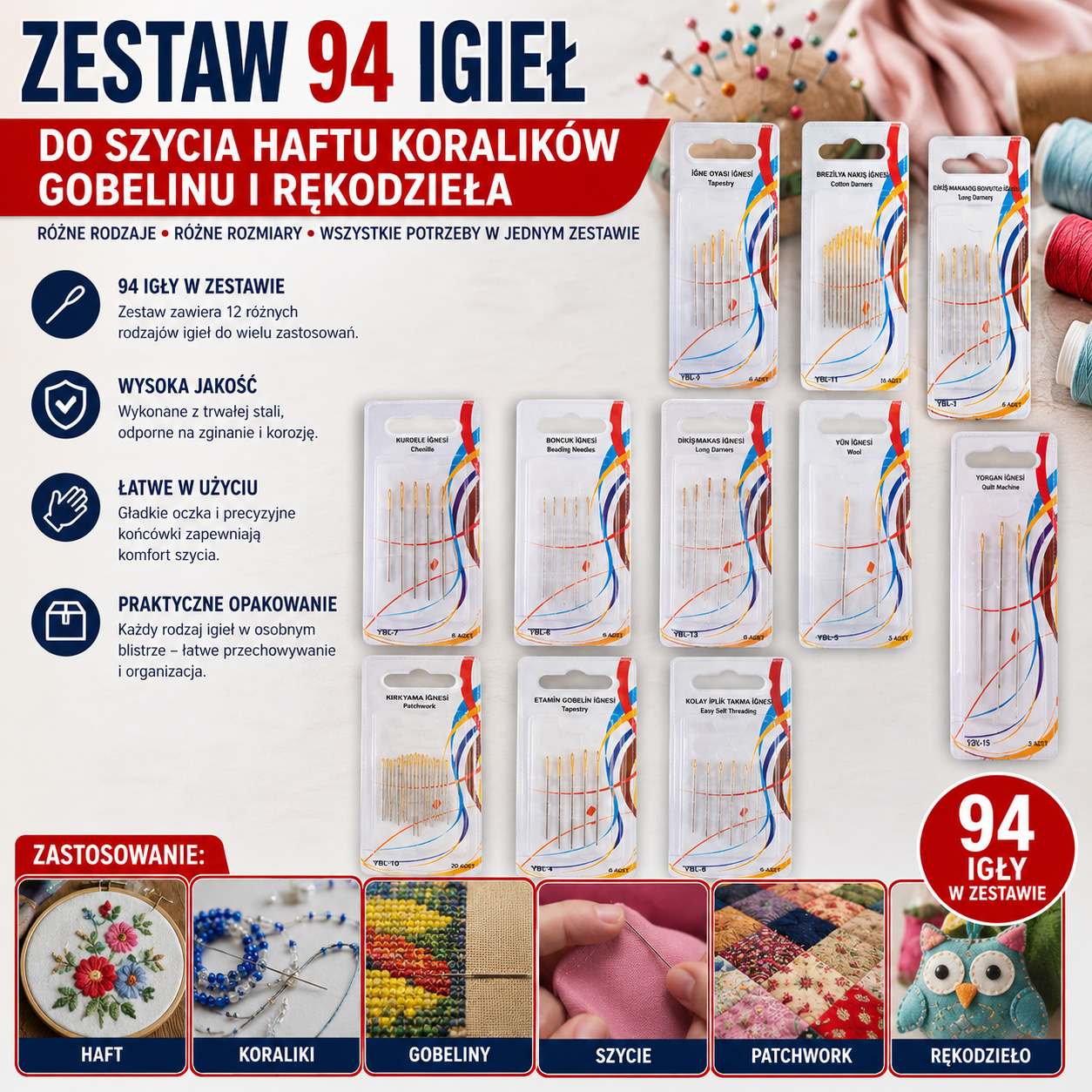 Zestaw 94 Igieł Do Szycia Haftu Koralików Gobelinu i Rękodzieła